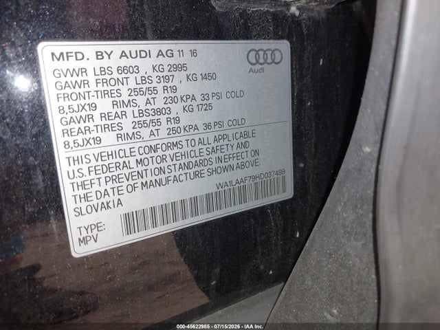 Продаж на аукціоні авто 2017 Audi Q7 3.0t Premium, vin: WA1LAAF79HD037499, номер лоту: 45622985