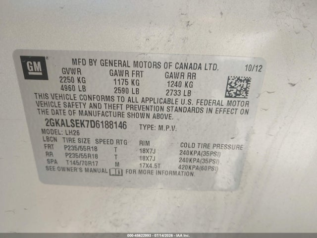 45622993 :رقم المزاد ، 2GKALSEK7D6188146 vin ، 2013 Gmc Terrain Sle-2 مزاد بيع
