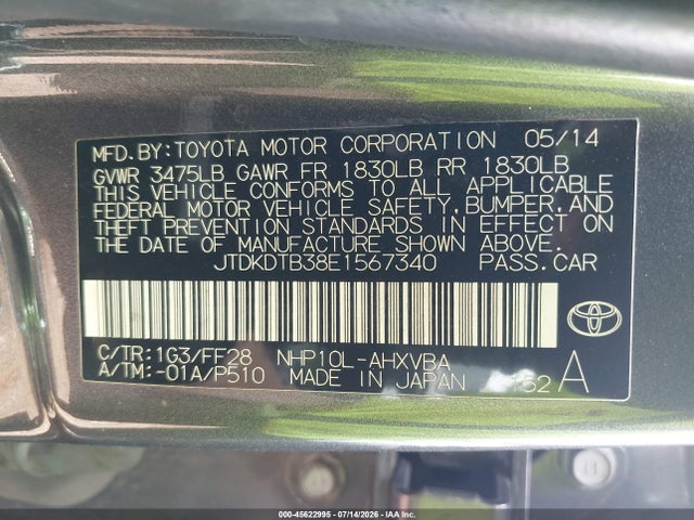 2014 Toyota Prius C Two მანქანა იყიდება აუქციონზე, vin: JTDKDTB38E1567340, აუქციონის ნომერი: 45622995