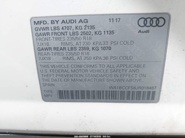 45623009 :رقم المزاد ، WA1BCCFS8JR018487 vin ، 2018 Audi Q3 2.0t Premium/2.0t Sport Premium مزاد بيع