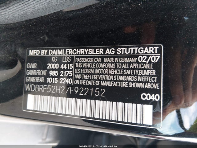 Aukcja sprzedaży 2007 Mercedes-benz C 230 Sport, vin: WDBRF52H27F922152, numer aukcji: 45623025