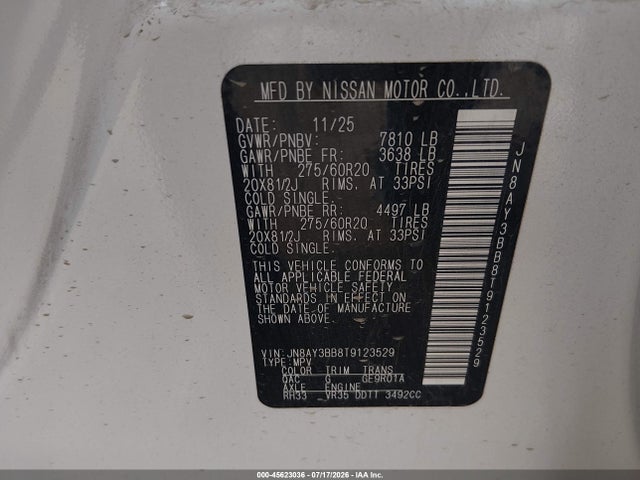 45623036 :رقم المزاد ، JN8AY3BB8T9123529 vin ، 2026 Nissan Armada Sl مزاد بيع