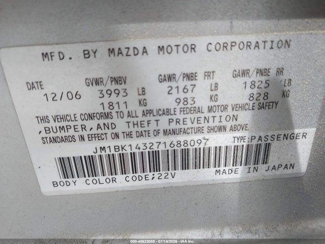 Aukcja sprzedaży 2007 Mazda Mazda3 S Sport, vin: JM1BK143271688097, numer aukcji: 45623050