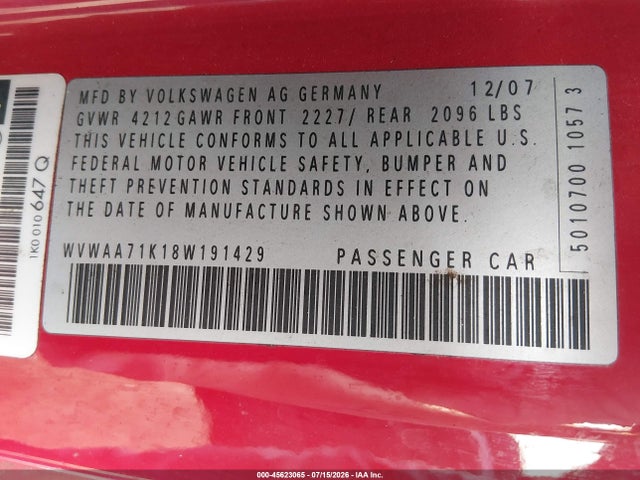 Aukcja sprzedaży 2008 Volkswagen Rabbit S, vin: WVWAA71K18W191429, numer aukcji: 45623065
