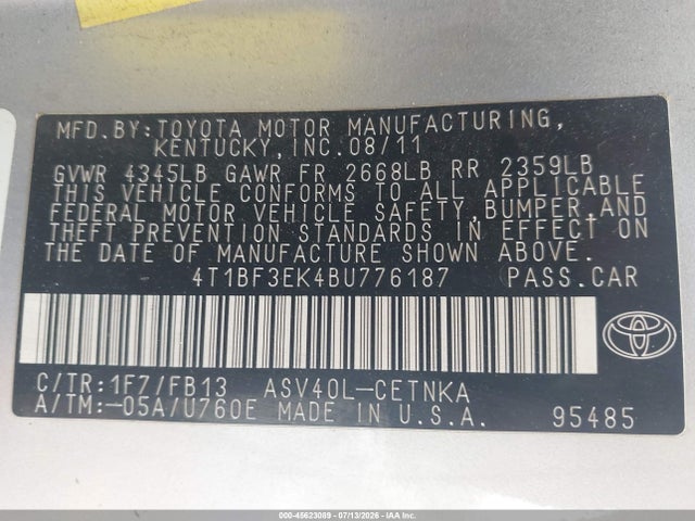 Aukcja sprzedaży 2011 Toyota Camry Le, vin: 4T1BF3EK4BU776187, numer aukcji: 45623089