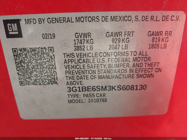 Aukcja sprzedaży 2019 Chevrolet Cruze Lt, vin: 3G1BE6SM3KS608130, numer aukcji: 45623091