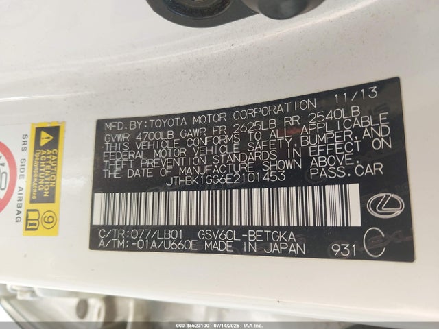 45623100 :رقم المزاد ، JTHBK1GG6E2101453 vin ، 2014 Lexus Es 350 مزاد بيع