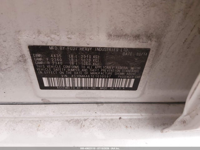 Aukcja sprzedaży 2014 Subaru Legacy 2.5i, vin: 4S3BMAA61E1030597, numer aukcji: 45623110