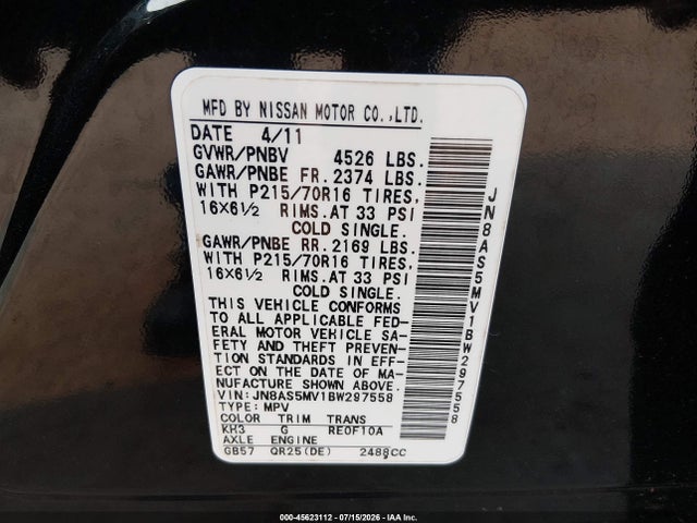 Продажа на аукционе авто 2011 Nissan Rogue S, vin: JN8AS5MV1BW297558, номер лота: 45623112