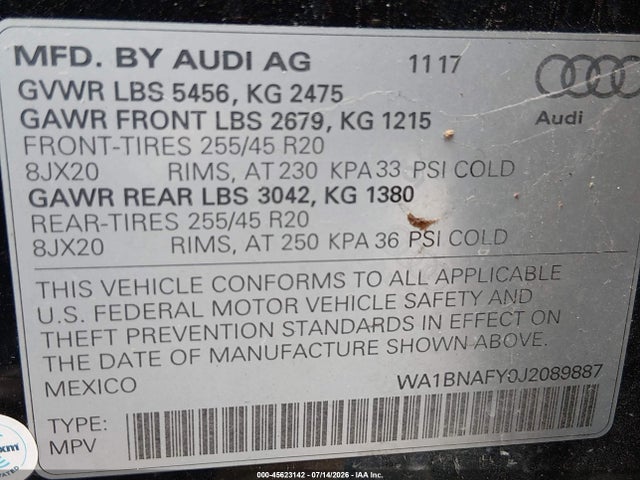 Aukcja sprzedaży 2018 Audi Q5 2.0t Premium/2.0t Tech Premium, vin: WA1BNAFY0J2089887, numer aukcji: 45623142