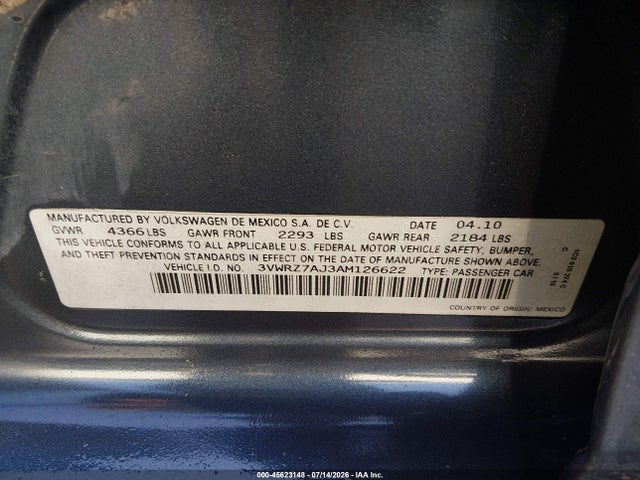 Aukcja sprzedaży 2010 Volkswagen Jetta Limited Edition, vin: 3VWRZ7AJ3AM126622, numer aukcji: 45623148