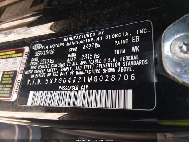Продажа на аукционе авто 2021 Kia K5 Gt-line, vin: 5XXG64J21MG028706, номер лота: 45623151