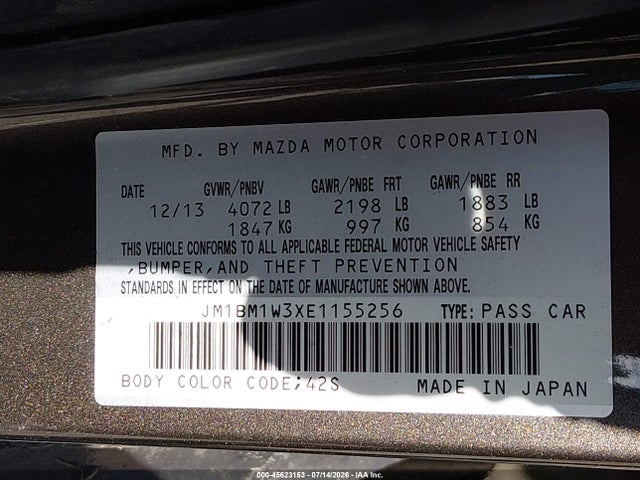 Продажа на аукционе авто 2014 Mazda Mazda3 S Grand Touring, vin: JM1BM1W3XE1155256, номер лота: 45623153