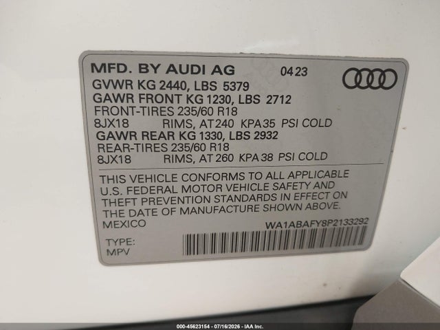 Aukcja sprzedaży 2023 Audi Q5 Premium 40 Tfsi Quattro S Tronic, vin: WA1ABAFY8P2133292, numer aukcji: 45623154