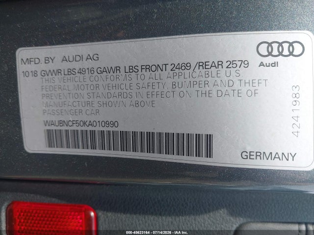 Продаж на аукціоні авто 2019 Audi A5 45 Premium, vin: WAUBNCF50KA010990, номер лоту: 45623164