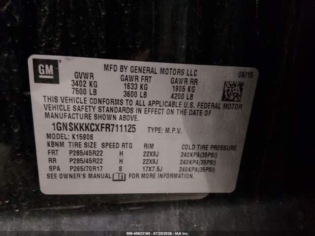 Продажа на аукционе авто 2015 Chevrolet Suburban Ltz, vin: 1GNSKKKCXFR711125, номер лота: 45623165