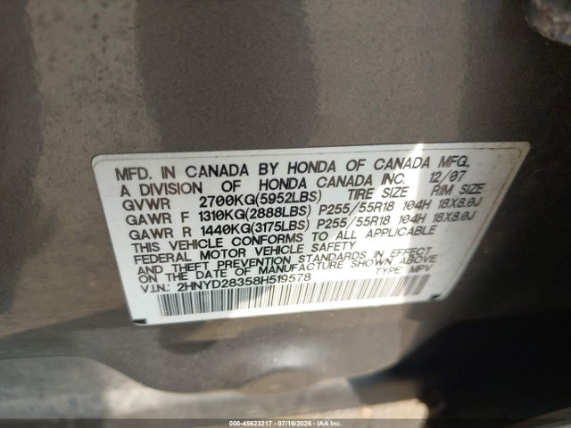 45623217 :رقم المزاد ، 2HNYD28358H519578 vin ، 2008 Acura Mdx Technology Package مزاد بيع