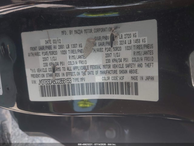 Aukcja sprzedaży 2012 Mazda Cx-9 Grand Touring, vin: JM3TB3DA6C0356153, numer aukcji: 45623221