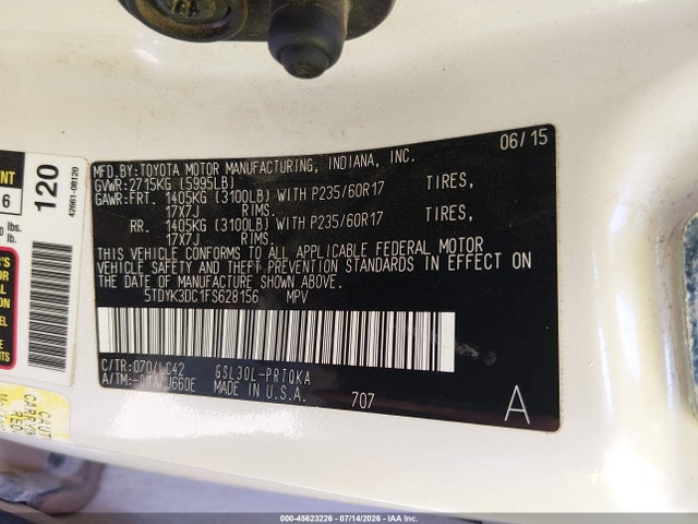 5TDYK3DC1FS628156 Toyota Sienna Xle Premium 8 Passenger