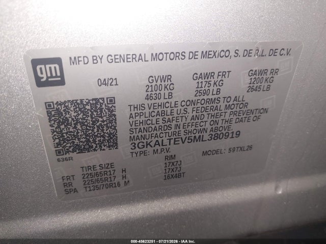 45623251 :رقم المزاد ، 3GKALTEV5ML380919 vin ، 2021 Gmc Terrain Awd Sle مزاد بيع