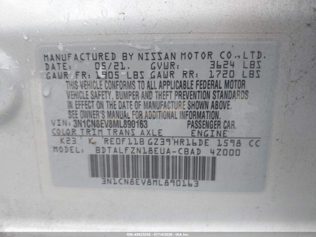 Продажа на аукционе авто 2021 Nissan Versa Sv Xtronic Cvt, vin: 3N1CN8EV8ML890163, номер лота: 45623255