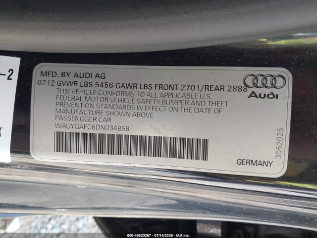 45623267 :رقم المزاد ، WAUYGAFC6DN034858 vin ، 2013 Audi A7 3.0t Premium مزاد بيع