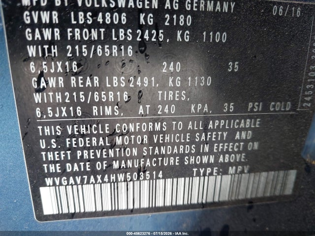 45623276 :رقم المزاد ، WVGAV7AX4HW503514 vin ، 2017 Volkswagen Tiguan 2.0t S مزاد بيع