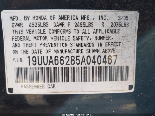 Продаж на аукціоні авто 2005 Acura Tl, vin: 19UUA66285A040467, номер лоту: 45623282