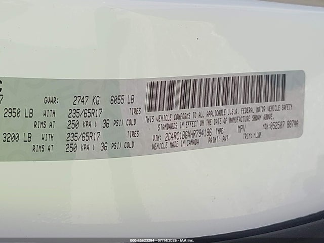 Продажа на аукционе авто 2017 Chrysler Pacifica Touring-l, vin: 2C4RC1BGXHR794196, номер лота: 45623284