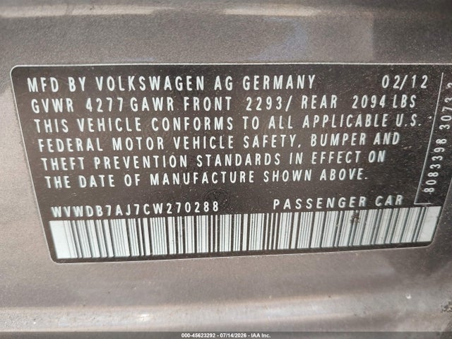 Aukcja sprzedaży 2012 Volkswagen Golf 2.5l 4-door, vin: WVWDB7AJ7CW270288, numer aukcji: 45623292