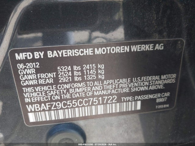 2012 Bmw Activehybrid 5 მანქანა იყიდება აუქციონზე, vin: WBAFZ9C55CC751722, აუქციონის ნომერი: 45623295