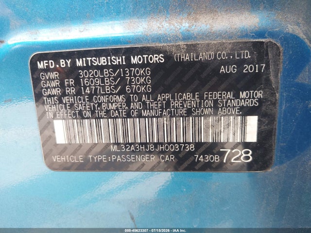 2018 Mitsubishi Mirage Es მანქანა იყიდება აუქციონზე, vin: ML32A3HJ8JH003738, აუქციონის ნომერი: 45623307