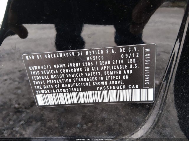 45623340 :رقم المزاد ، 3VWDX7AJXDM378937 vin ، 2013 Volkswagen Jetta 2.5l Se مزاد بيع