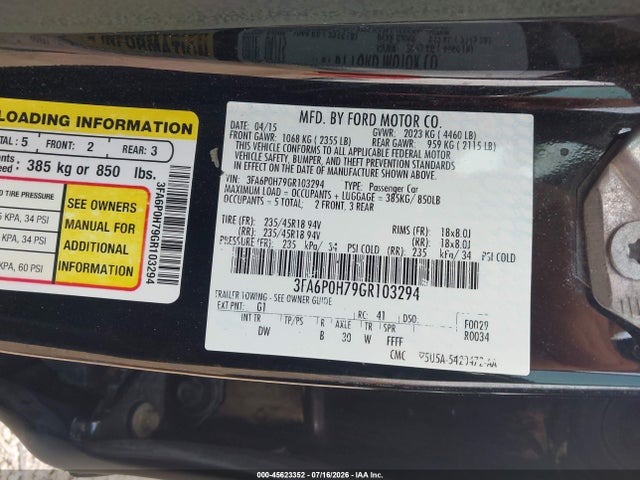 Aukcja sprzedaży 2016 Ford Fusion Se, vin: 3FA6P0H79GR103294, numer aukcji: 45623352