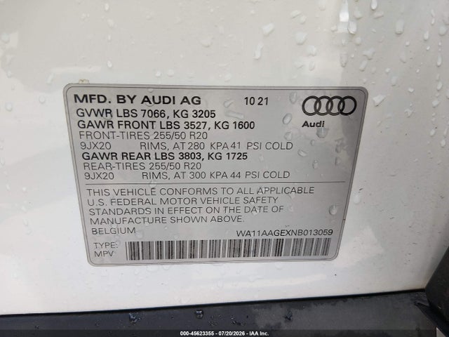 Продаж на аукціоні авто 2022 Audi E-tron Sportback Premium S Line Quattro, vin: WA11AAGEXNB013059, номер лоту: 45623355