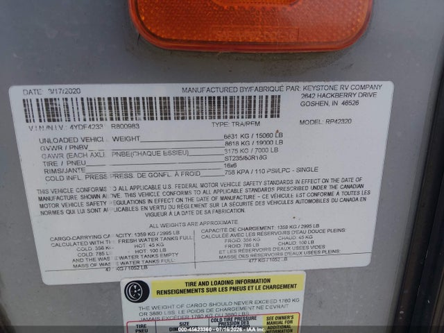 45623360 :رقم المزاد ، 4YDF42333LR800983 vin ، 2020 Keystone Raptor مزاد بيع
