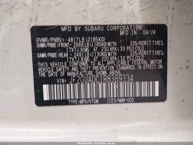 2024 Subaru Crosstrek Premium მანქანა იყიდება აუქციონზე, vin: JF2GUADC1R8369334, აუქციონის ნომერი: 45623388