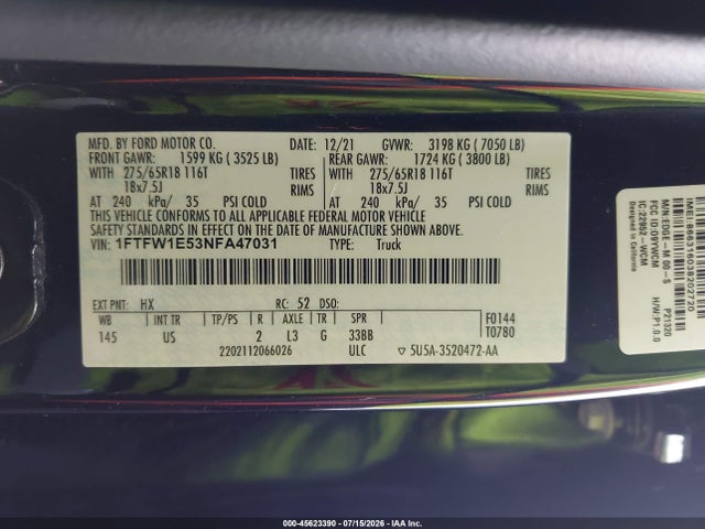 Aukcja sprzedaży 2022 Ford F-150 Xlt, vin: 1FTFW1E53NFA47031, numer aukcji: 45623390
