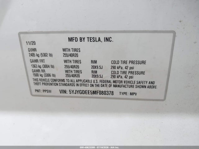5YJYGDEE5MF080378 Tesla Model Y Long Range Dual Motor All-wheel Drive