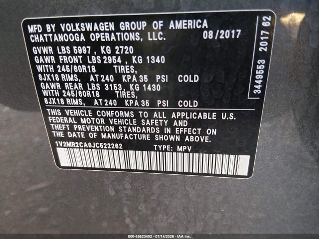 2018 Volkswagen Atlas 3.6l V6 Sel მანქანა იყიდება აუქციონზე, vin: 1V2MR2CA0JC522262, აუქციონის ნომერი: 45623402