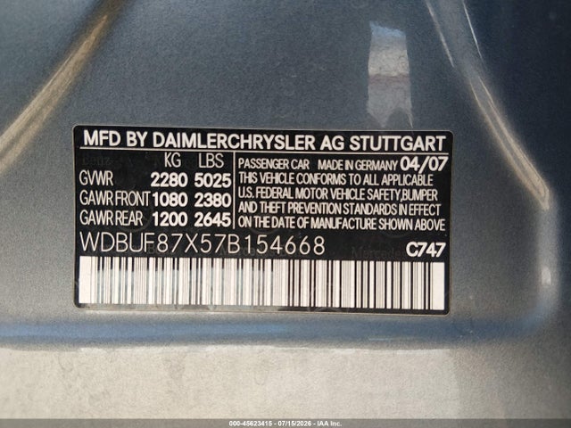 45623415 :رقم المزاد ، WDBUF87X57B154668 vin ، 2007 Mercedes-benz E 350 4matic مزاد بيع