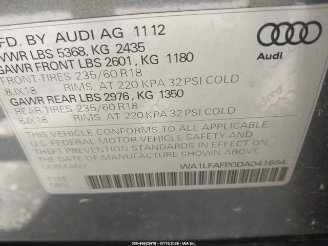 45623418 :رقم المزاد ، WA1LFAFP0DA041664 vin ، 2013 Audi Q5 2.0t Premium مزاد بيع
