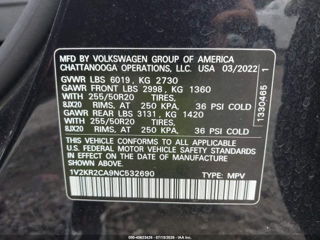 45623426 :رقم المزاد ، 1V2KR2CA9NC532690 vin ، 2022 Volkswagen Atlas 3.6l V6 Se W/technology مزاد بيع