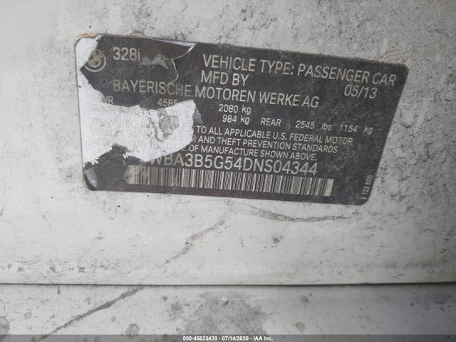 2013 Bmw 328i Xdrive მანქანა იყიდება აუქციონზე, vin: WBA3B5G54DNS04344, აუქციონის ნომერი: 45623428