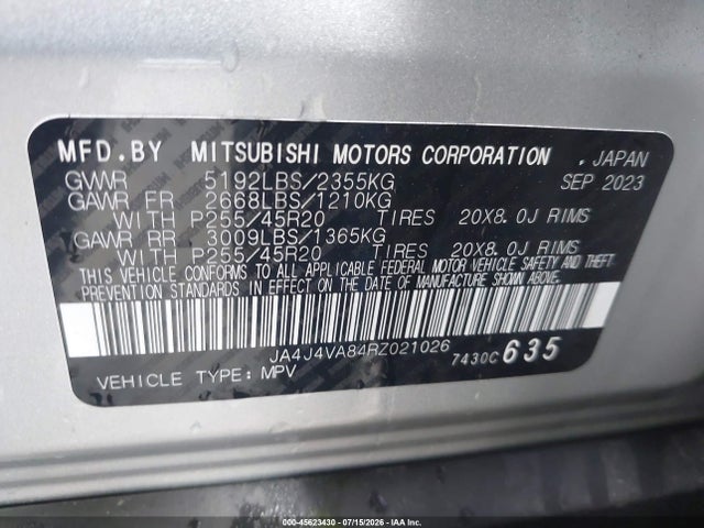 Aukcja sprzedaży 2024 Mitsubishi Outlander, vin: JA4J4VA84RZ021026, numer aukcji: 45623430