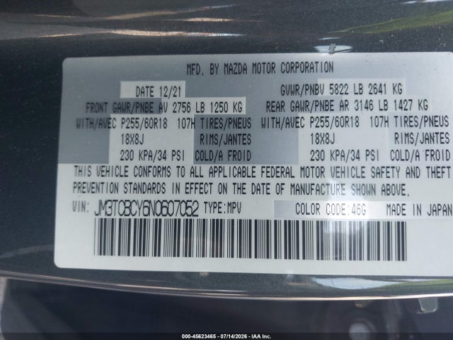 Продажа на аукционе авто 2022 Mazda Cx-9 Touring, vin: JM3TCBCY6N0607052, номер лота: 45623465