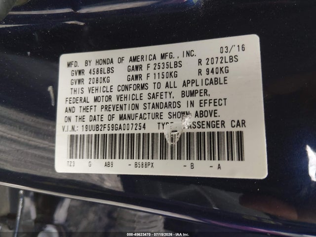 2016 Acura Tlx V6 Tech მანქანა იყიდება აუქციონზე, vin: 19UUB2F59GA007254, აუქციონის ნომერი: 45623470