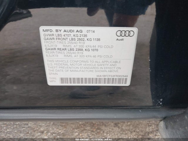 Aukcja sprzedaży 2015 Audi Q3 2.0t Premium Plus, vin: WA1BFCFS3FR002549, numer aukcji: 45623481