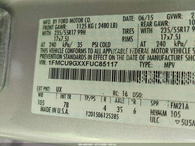 Продажа на аукционе авто 2015 Ford Escape Se, vin: 1FMCU9GXXFUC85117, номер лота: 45623491