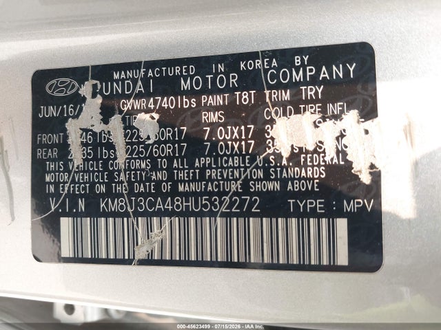 Aukcja sprzedaży 2017 Hyundai Tucson Se Plus, vin: KM8J3CA48HU532272, numer aukcji: 45623499